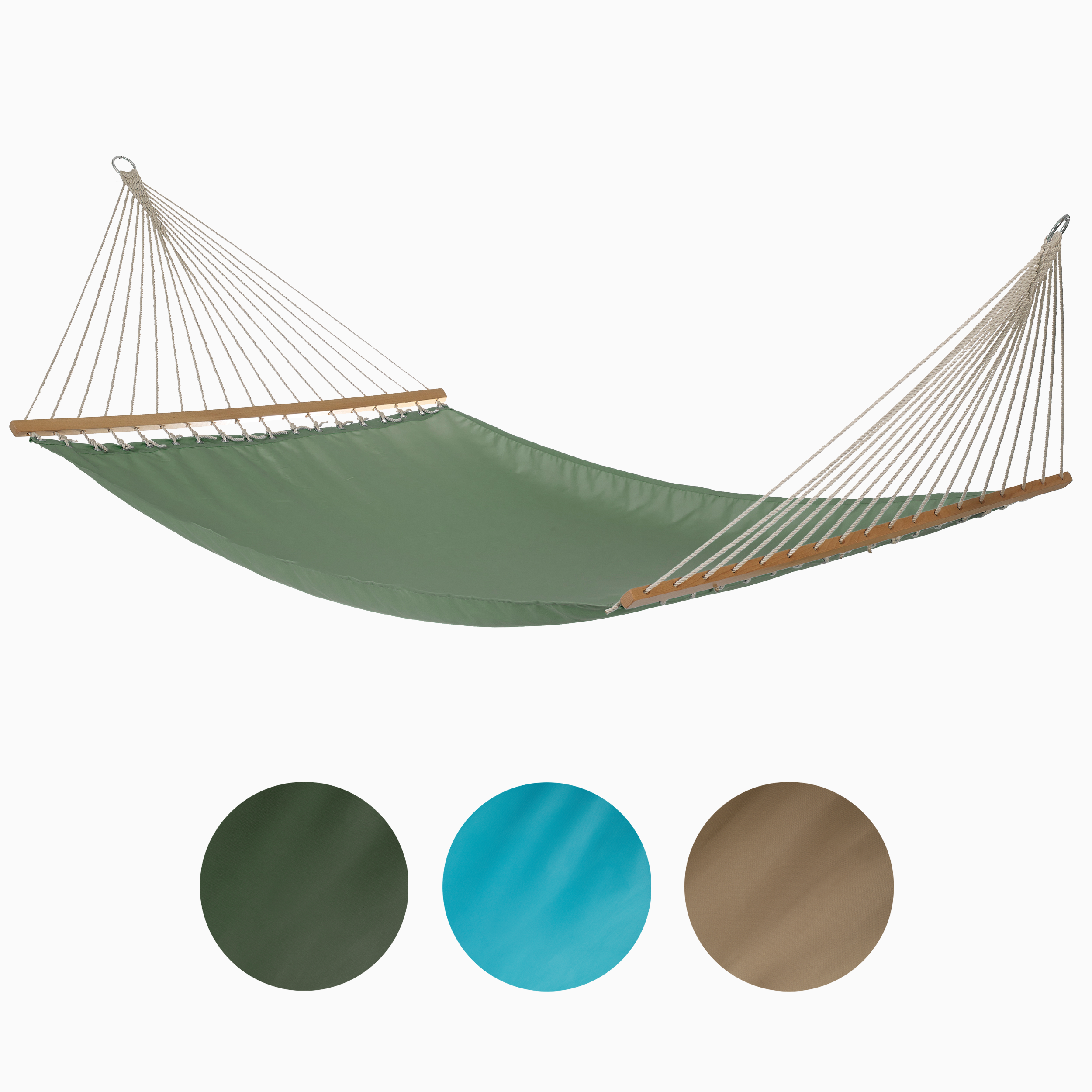 Full view of green hammock above green, blue and khaki color swatches